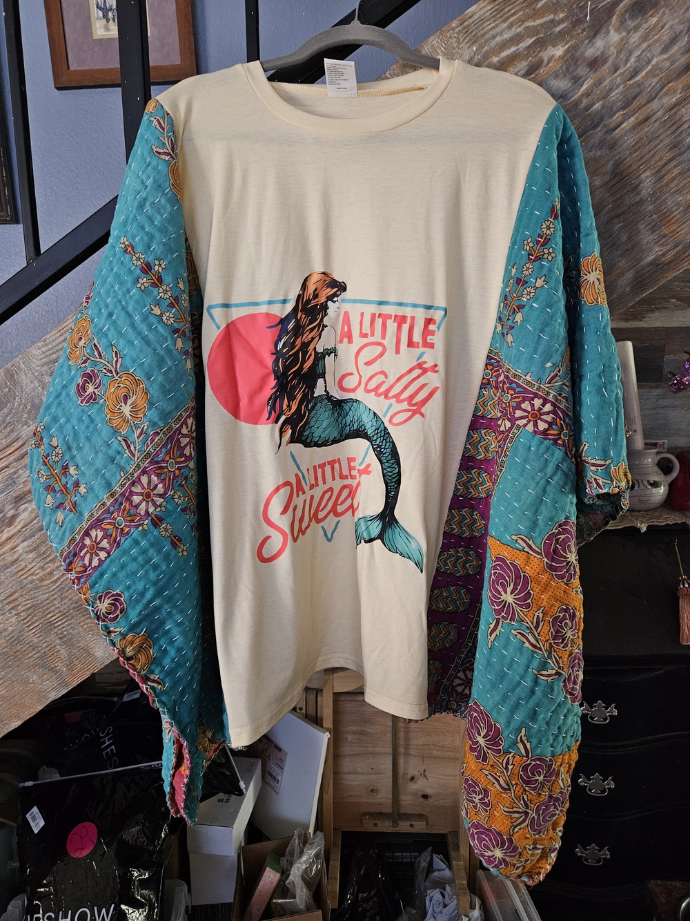 Graphic Mermaid Tee with Teal Floral Kantga Sleeves